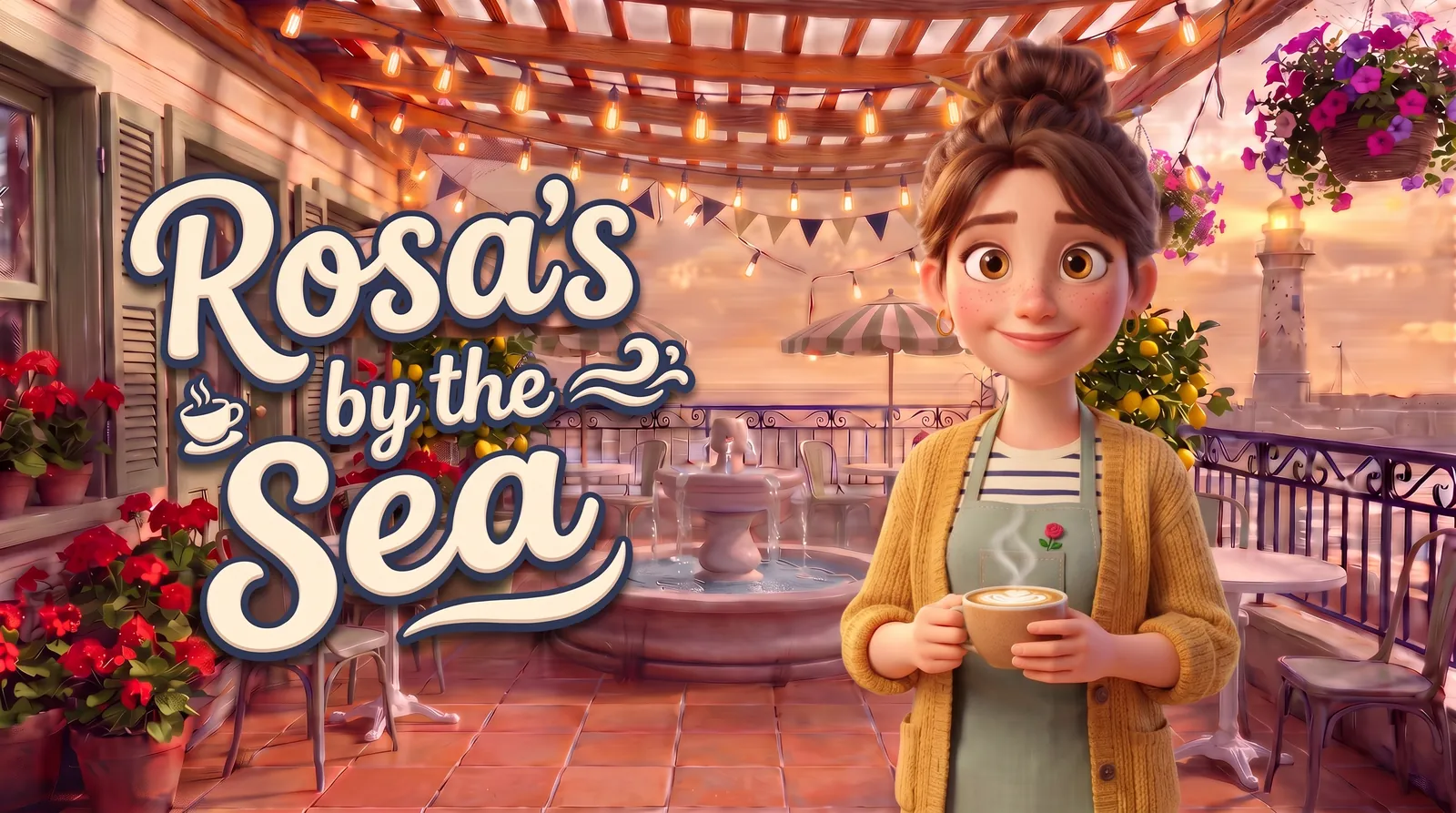 Rosa's by the Sea title art: Mia at her grandmother's seaside café